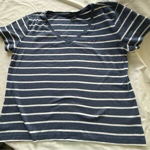 Tommy Hilfiger Women's Blue and White Striped Tee